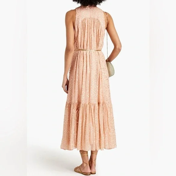 ZIMMERMANN SLEEVELESS TIE NECK DRESS Size 2 Blush Gold MIDI Party Glitter Dress - Picture 2 of 13